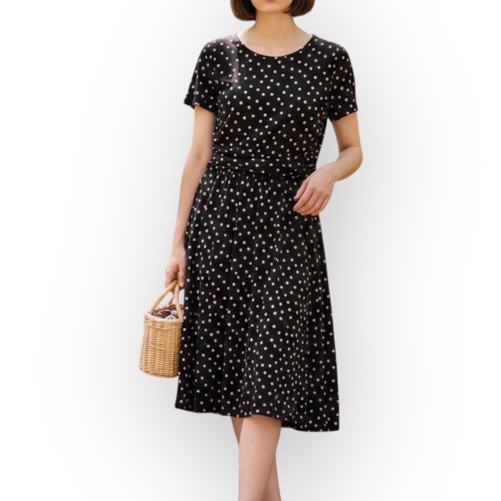 By Design Victoria Black Pink Polka Dot Midi Dress Pockets Sz M NWT